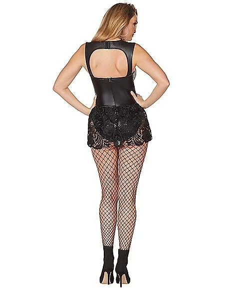 Adult Black Faux Leather And Lace Bodysuit 2 Adult Black Faux Leather And Lace Bodysuit - Image 2