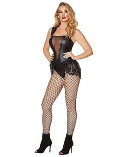 Adult Black Faux Leather And Lace Bodysuit 9 Adult Black Faux Leather And Lace Bodysuit -Spirit Halloween Deals Store 01481183 c
